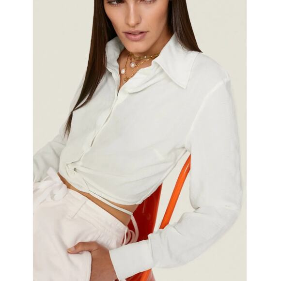 LOUNA X RTR White Cropped Tie Back Button-Up Shirt L/XL - Picture 3 of 9